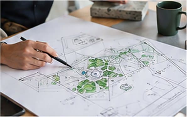 A hand sketching a site plan across a shared table (illustration from the Atlas design proposal)